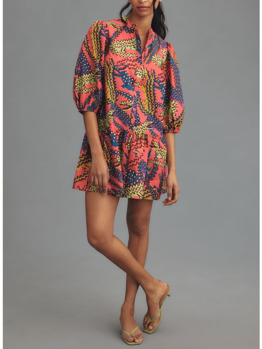 FARM Rio Coral Mini Dress with Navy and Lime Abstract Print. NWOT